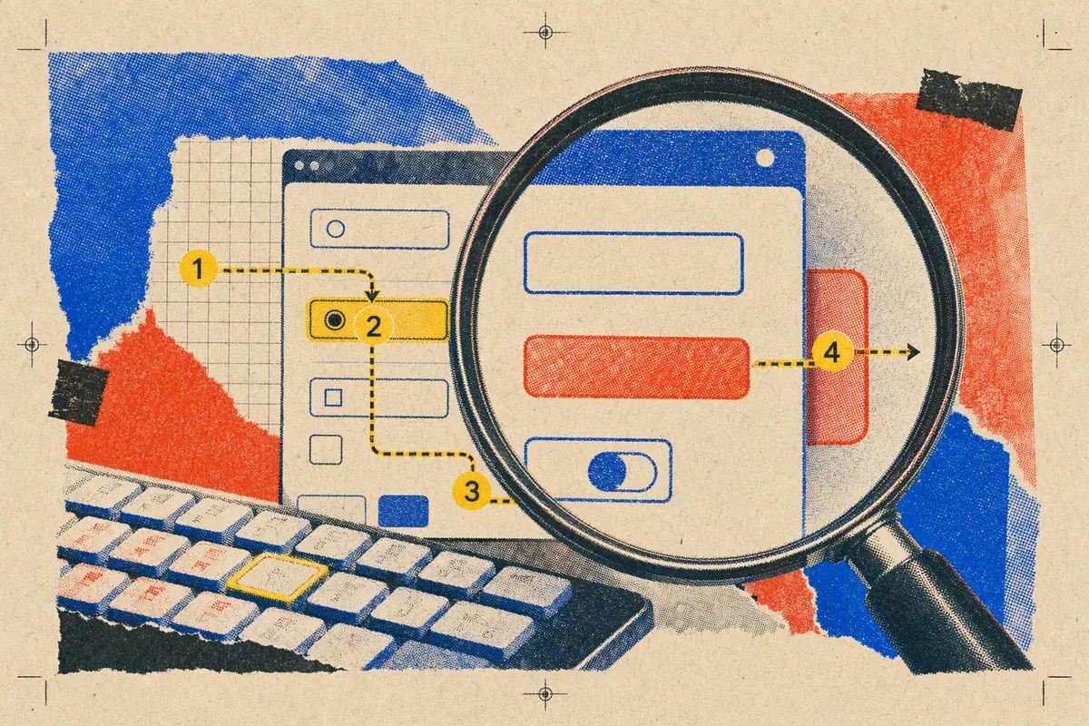 Risograph collage of a magnifying glass revealing a keyboard focus path that ends at a clipped control